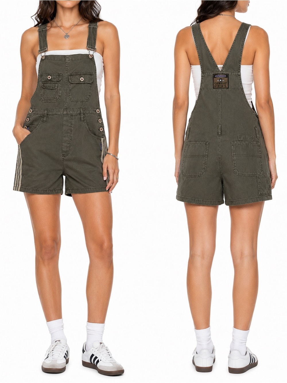 Vintage Stone Combat Girl Utility Cargo Shortalls Olive Green Overalls Medium